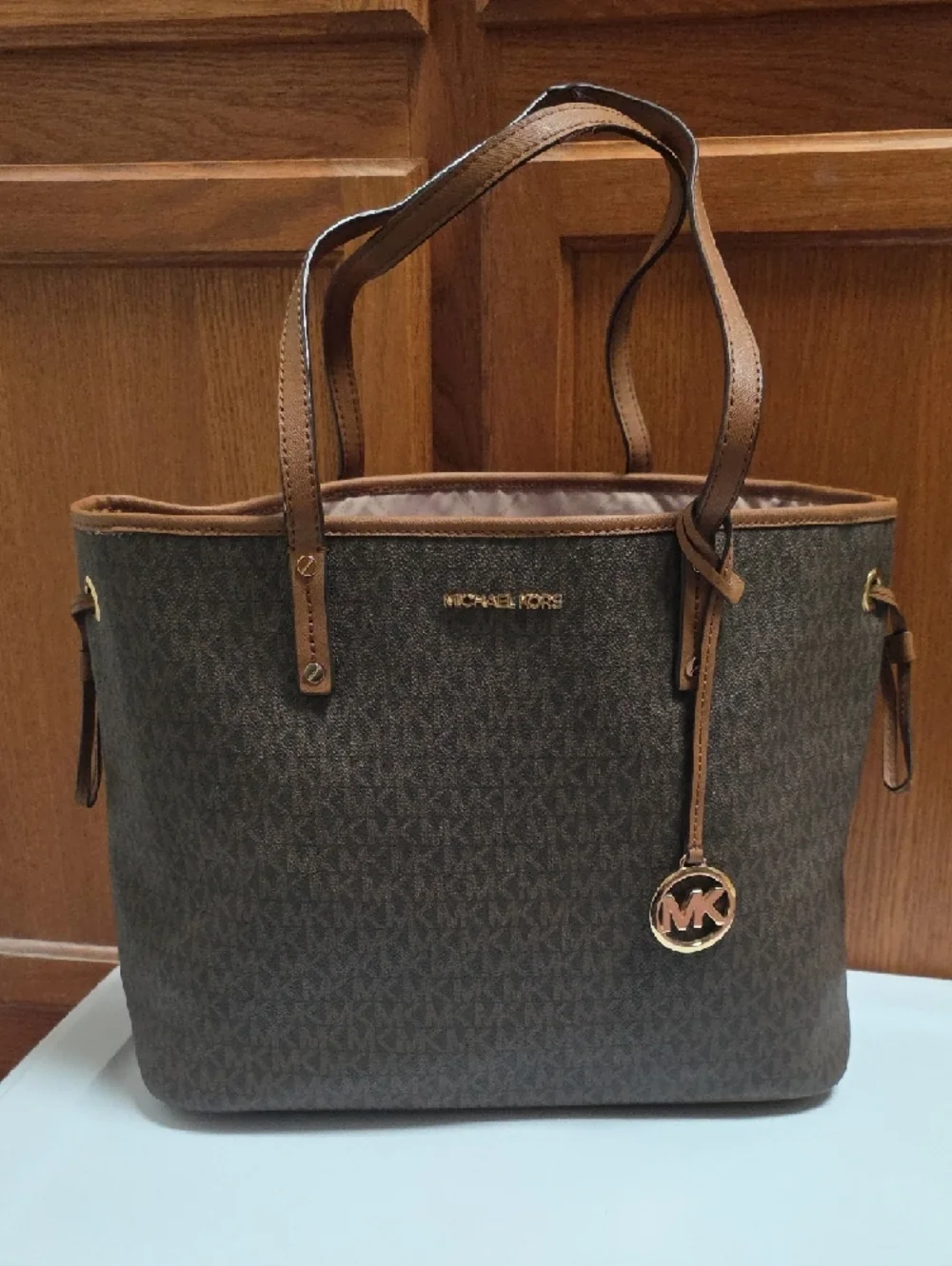 Michael Kors Brown Jet SetTote with Tan Trim and Gold Hardware
